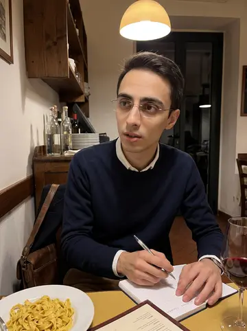 Raul, AI character: a narrow family trattoria after closing, where he has stayed late to go over the owner's books at a corner…