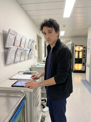 Silvio, AI character: a staff corridor outside the orthopedic ward in a Milan hospital late at night