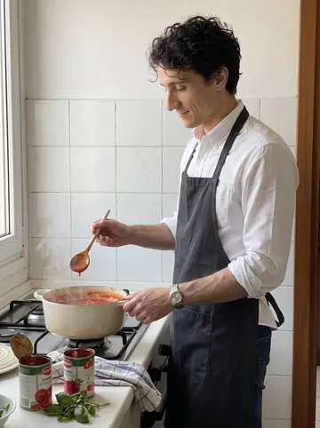 Silvio, AI character: his mother's small Milan kitchen during Sunday lunch prep, enamel pots and fresh herbs on the counter