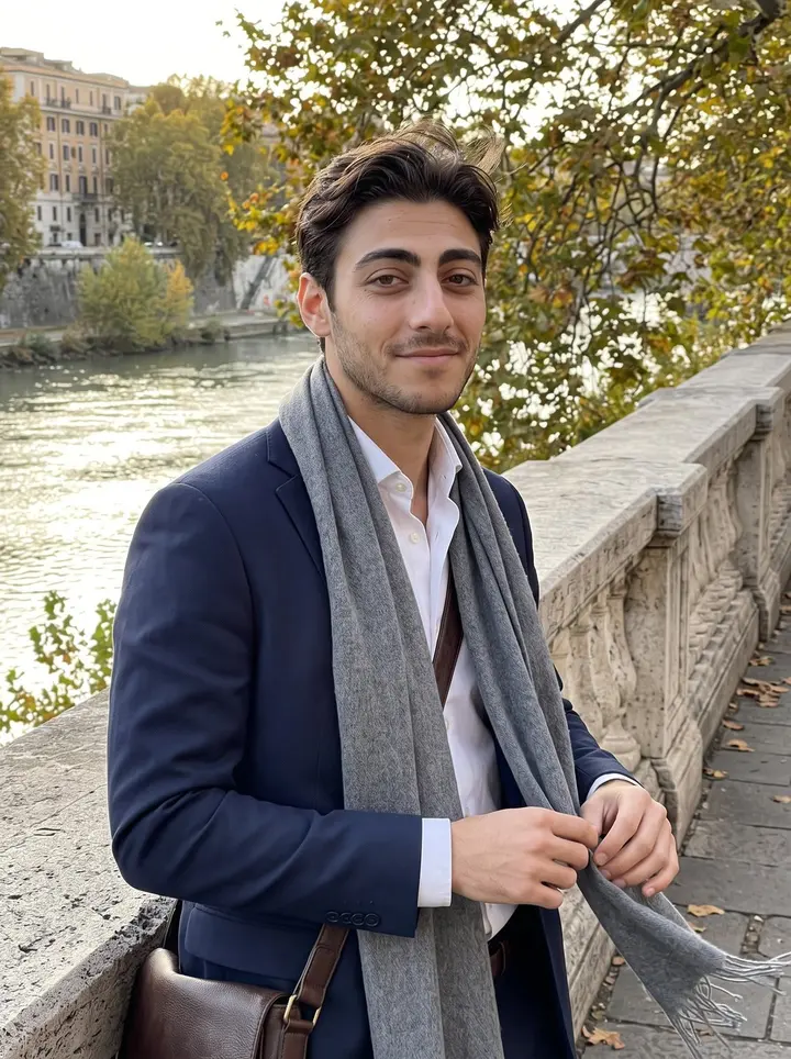 Yuri, AI character: a quiet stone railing above the Tiber in Rome, late afternoon, old apartment facades and river trees…