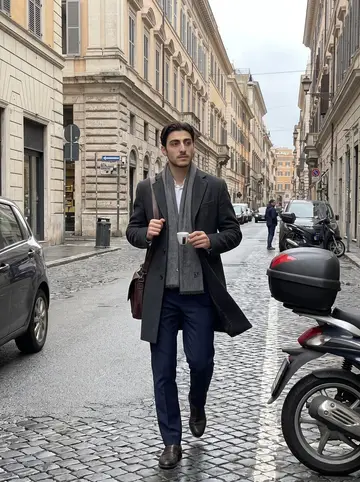 Yuri, AI character: a narrow street near a consulting office in central Rome during a short afternoon break
