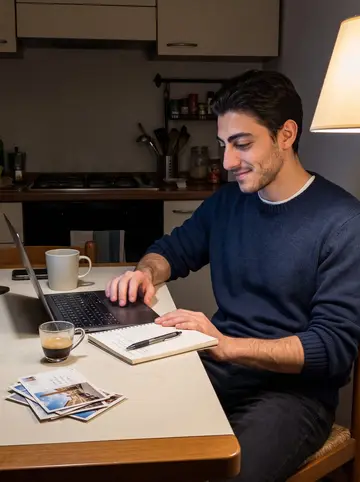 Yuri, AI character: his small Rome apartment kitchen at 3am, laptop, notebook, espresso cup, and a stack of postcards on a…