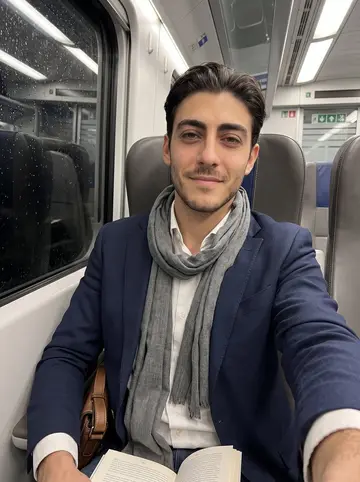 Yuri, AI character: a night train compartment between Rome and Milan, rain streaking the dark window beside him