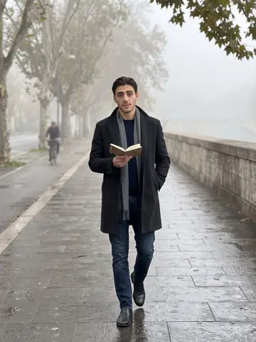 Yuri, AI character: the Tiber path early on a foggy Sunday morning, plane trees and wet pavement stretching behind him