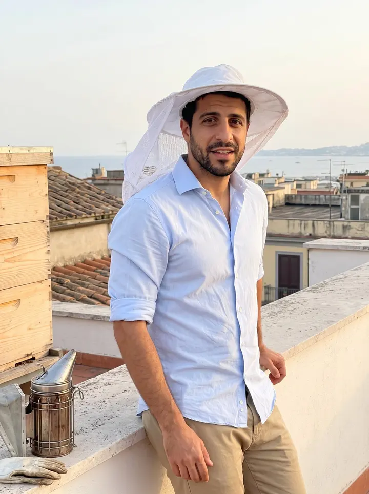 Orazio, AI character: a Naples rooftop terrace near his hives at golden hour, low city roofs and a strip of the bay behind him