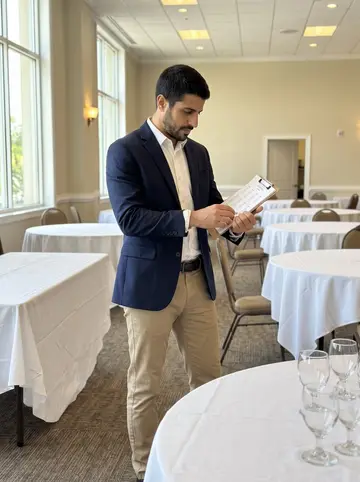 Orazio, AI character: a bright event hall in Naples before guests arrive, round tables half set with glassware and white linens