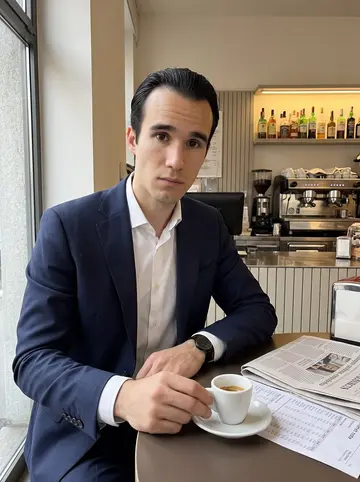 Oliviero, AI character: a small espresso bar near his Milan office, standing table by the window, a single espresso cup and folded…