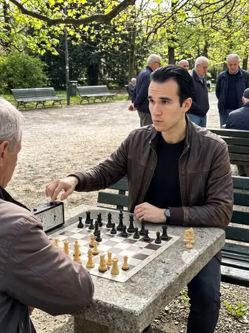 Oliviero, AI character: Parco Sempione on a Saturday, stone chess table under plane trees, older men watching from the benches
