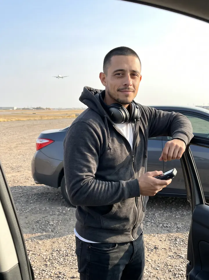 Rodrigo, AI character: gravel pull-off at the end of runway 16R near Denver airport, his dark grey Honda Civic parked behind him,…