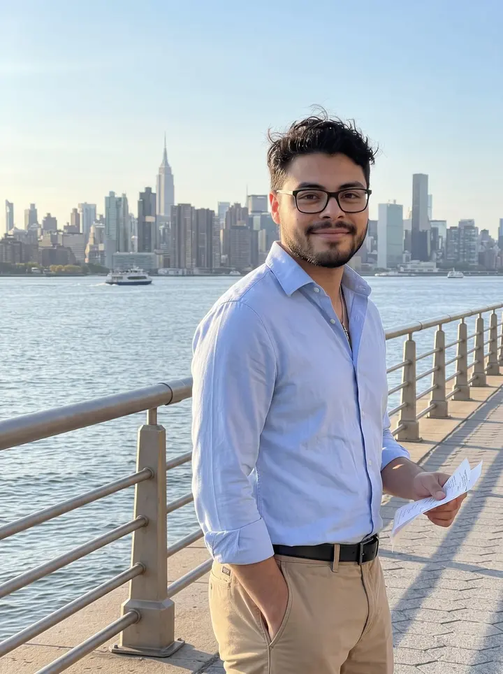 Moisés, AI character: the Jersey City waterfront walkway near Exchange Place, Manhattan skyline and Hudson River behind him in…