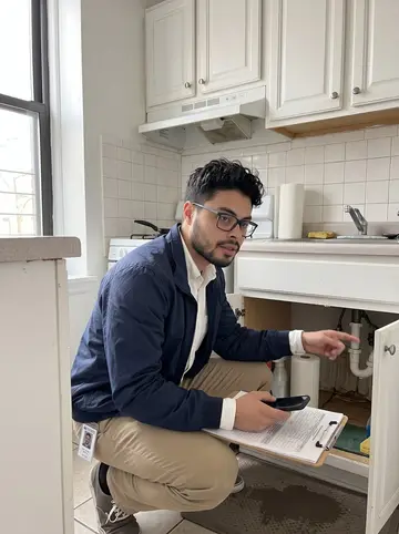 Moisés, AI character: a small apartment kitchen in Washington Heights during a homeowners insurance inspection, cabinet doors…