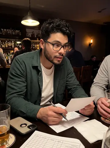 Moisés, AI character: a narrow Jersey City bar on Thursday trivia night, team score sheets and half-finished drinks on the table
