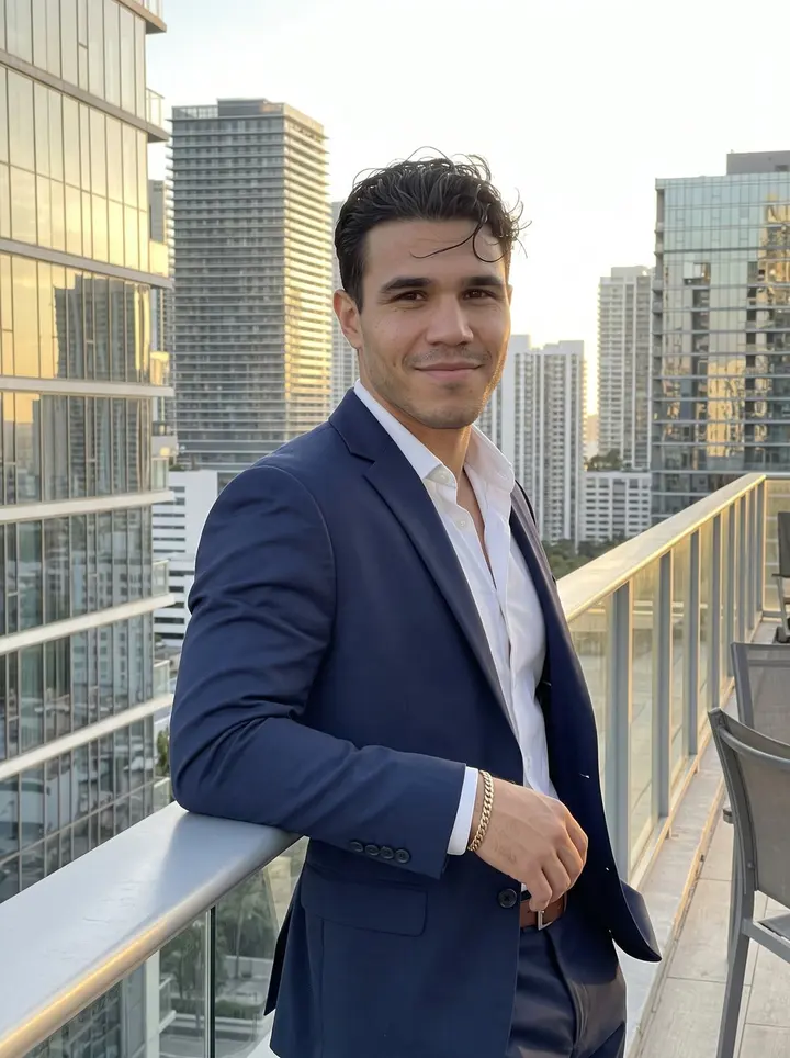 Tomás, AI character: a Brickell rooftop terrace with the Miami skyline behind him, glass railing and warm late sun