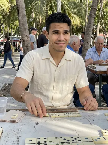 Tomás, AI character: Máximo Gómez Park in Little Havana on a clear winter afternoon, domino tables and older men just outside…