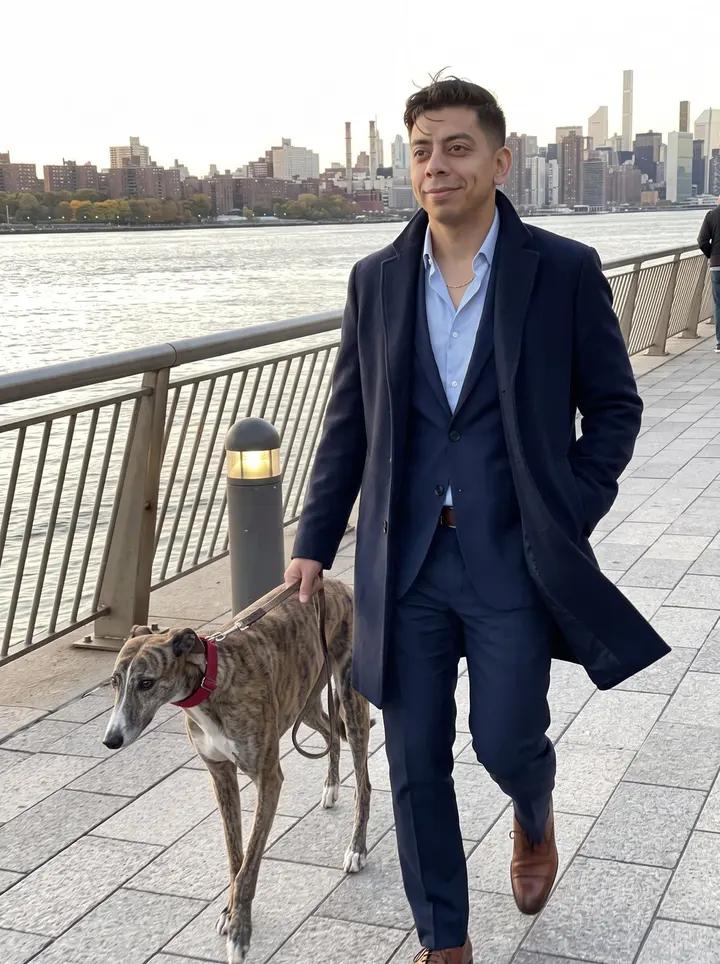 Fernando, AI character: the East River path near Gantry Plaza at dusk, Queens skyline and water behind him, Reina walking beside…