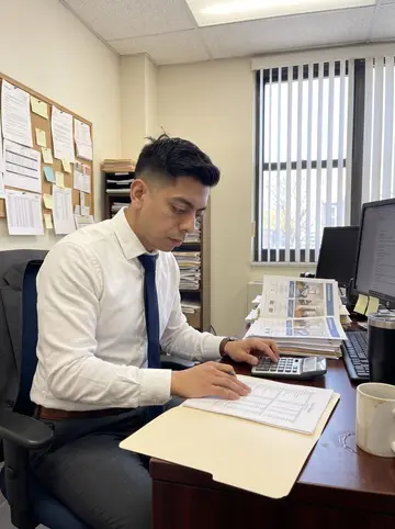 Fernando, AI character: a small mortgage office in Jackson Heights, desk with loan folders, coffee cup and apartment listing printouts