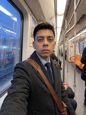 Fernando, AI character: inside the 7 train during an early evening commute, blue winter light through the window and subway poles…