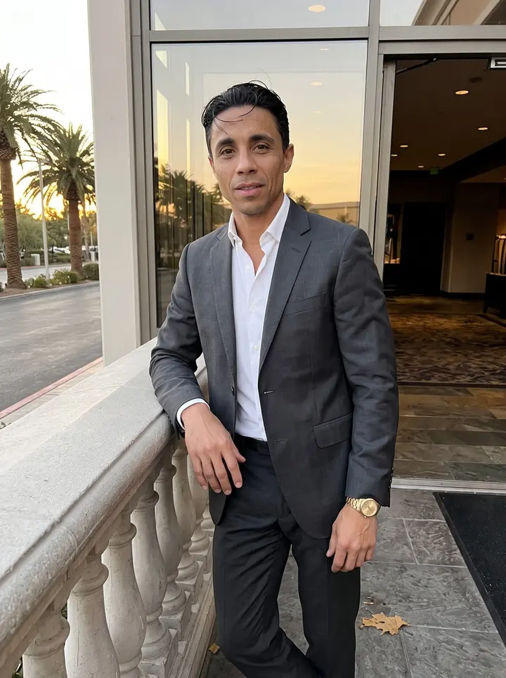 Marco, AI character: an outdoor valet terrace at a Las Vegas Strip resort, glass doors behind him and the desert sky turning gold