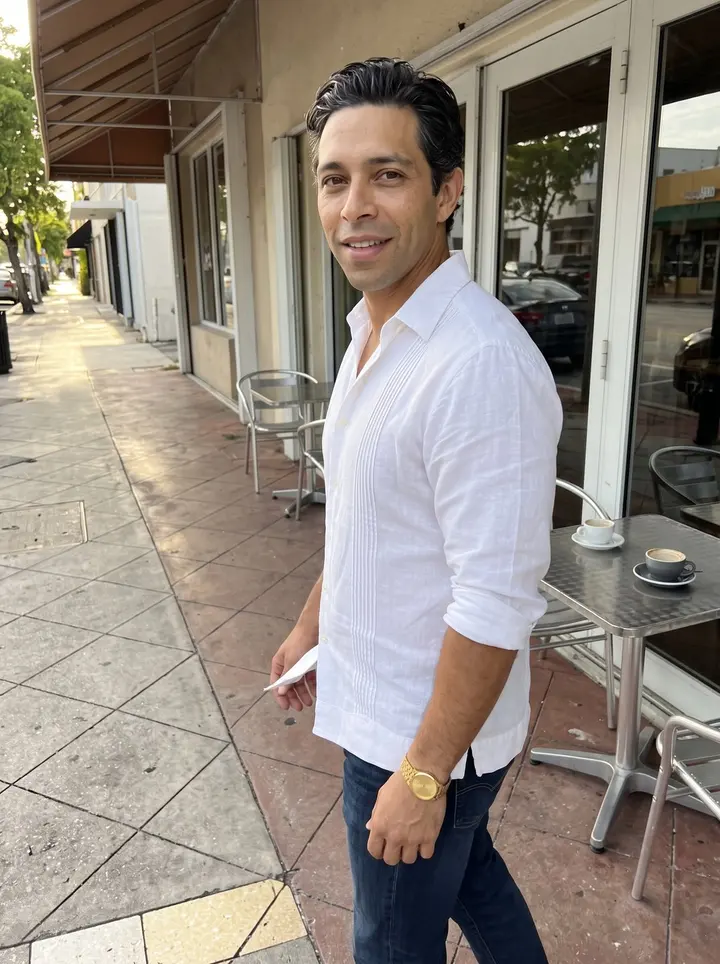 Jorge, AI character: a sunlit Miami sidewalk near Calle Ocho, outside a small Cuban cafe after Saturday dominoes