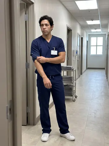 Jorge, AI character: sports medicine clinic hallway in Miami, just outside a staff room before morning clinic
