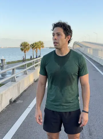 Jorge, AI character: Rickenbacker Causeway path at six in the morning with Biscayne Bay behind him