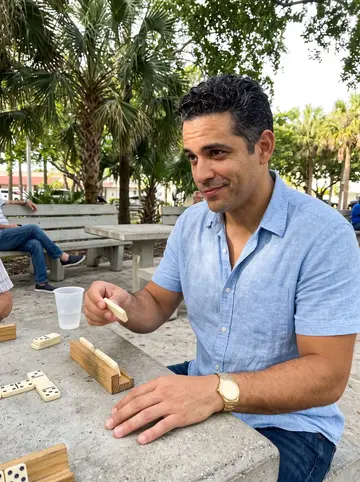 Jorge, AI character: a Little Havana park table during Saturday dominoes with older men just out of frame