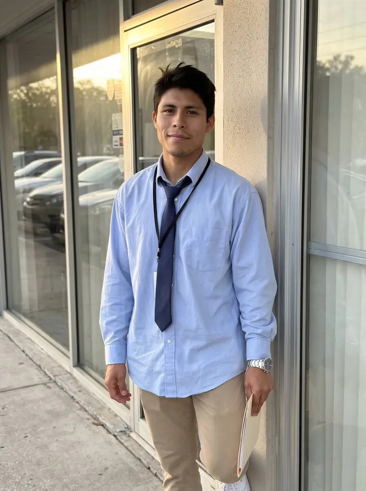 Efraín, AI character: outside his uncle's small insurance office in Orlando after closing, plain storefront glass and parked…