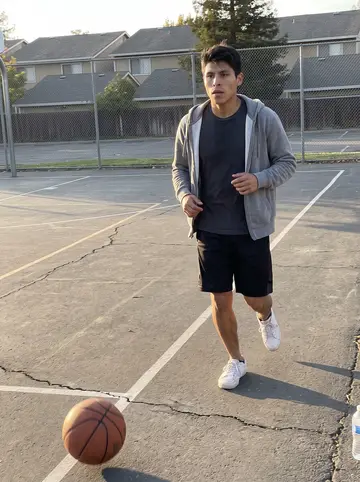 Efraín, AI character: outdoor court at the community center after Saturday pickup basketball, chain-link fence and low apartment…