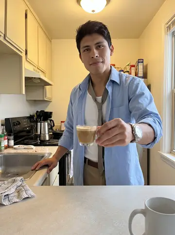 Efraín, AI character: small apartment kitchen before work, moka pot on the stove and a plain mug on the counter