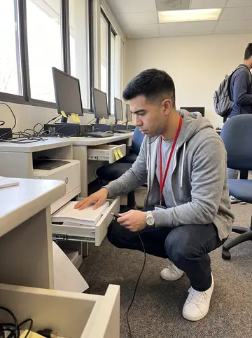 Humberto, AI character: community college IT help desk office, between a printer station and a row of student computers