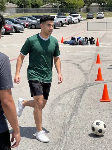 Humberto, AI character: school parking lot used for Saturday pickup soccer with his cousins, orange cones marking a rough goal