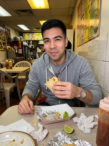 Humberto, AI character: small late-night taco shop near campus after evening class, plastic tables and salsa bottles behind him