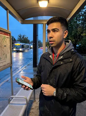 Humberto, AI character: covered bus shelter on Fredericksburg Road during a light drizzle, route map case and wet pavement behind him