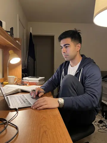 Humberto, AI character: small bedroom desk at home in San Antonio, laptop open to a bus map project, textbooks stacked beside a mug