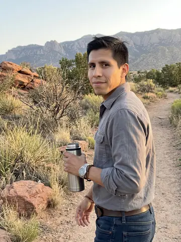 Benjamín, AI character: the Sandia foothills trail outside Albuquerque just after sunrise, pale desert grass and red rock behind him