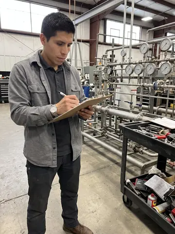 Benjamín, AI character: a pressure systems test bay at his Albuquerque engineering office, concrete floor, metal piping, gauges…