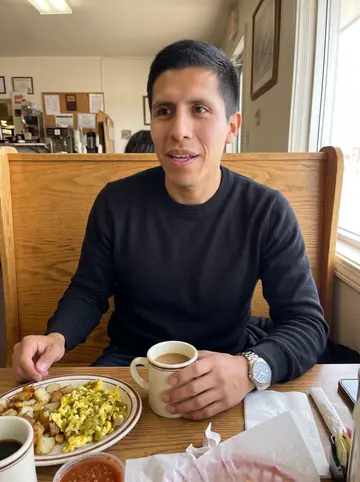 Benjamín, AI character: a small Albuquerque breakfast spot with green chile eggs on the table and a bright window beside the booth