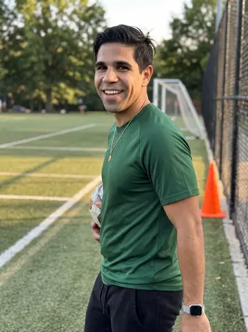Guillermo, AI character: a rec field in Decatur after Sunday pickup soccer, orange cones and a chain-link fence behind him