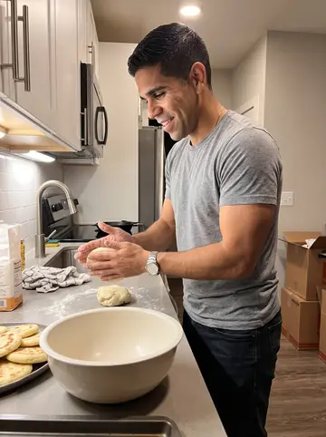Guillermo, AI character: his new one-bedroom apartment kitchen in Atlanta, moving boxes still stacked by the wall and a big mixing…