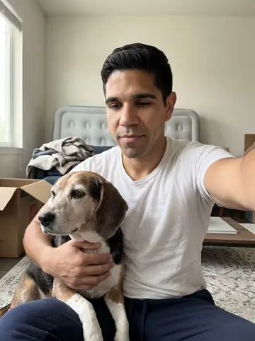 Guillermo, AI character: morning on the floor of his apartment living room, air mattress and folded blanket visible in the background