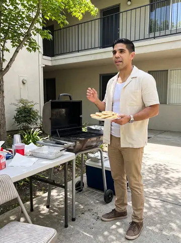 Guillermo, AI character: a courtyard cookout outside his apartment building, folding table with foil trays and a cooler nearby