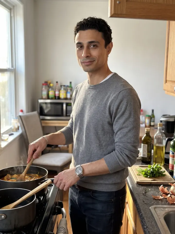 Matheus, AI character: his aunt's bright Ironbound kitchen in Newark while he finishes a pot of moqueca on the stove