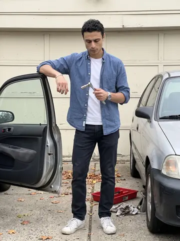 Matheus, AI character: a narrow Newark driveway beside the stubborn 1998 Honda Civic he is rebuilding