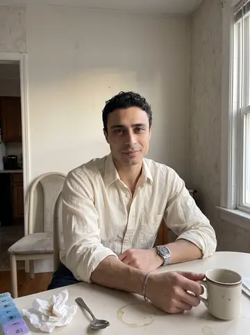 Matheus, AI character: his parents' dining table in Newark during a quiet coffee practice morning with his father just out of frame