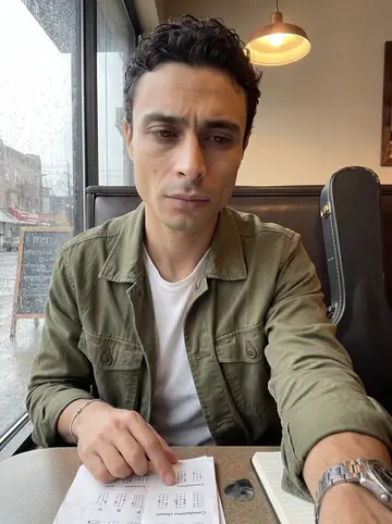 Matheus, AI character: a small Ironbound cafe booth on a rainy afternoon with his father's old cavaquinho case on the seat beside him