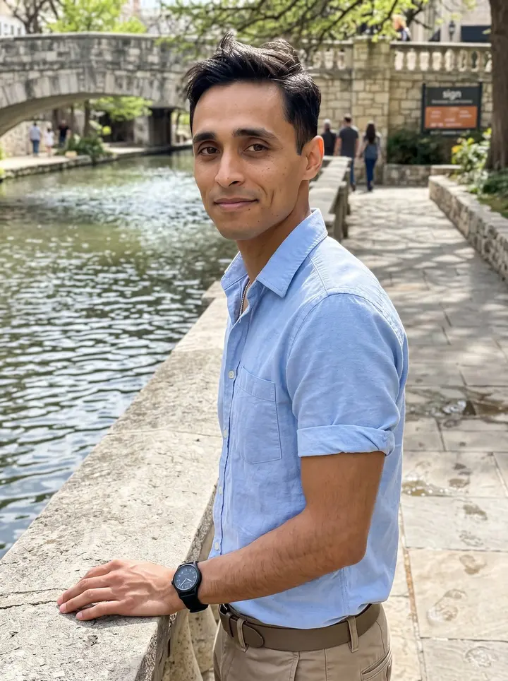 Joaquín, AI character: the San Antonio River Walk near a limestone bridge on a bright spring afternoon
