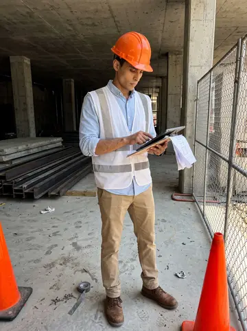 Joaquín, AI character: a downtown San Antonio construction site beside exposed concrete columns and temporary fencing