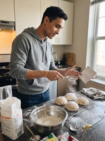 Joaquín, AI character: his small apartment kitchen on a Sunday morning, cooling racks of conchas on the counter