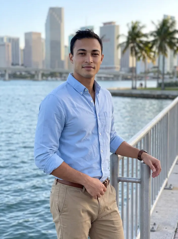 Armando, AI character: Biscayne Bay waterfront at dusk, leaning lightly on the metal railing with downtown Miami soft in the distance