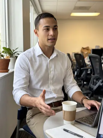 Armando, AI character: break area at his software company office in Miami, a small round table beside a bright window